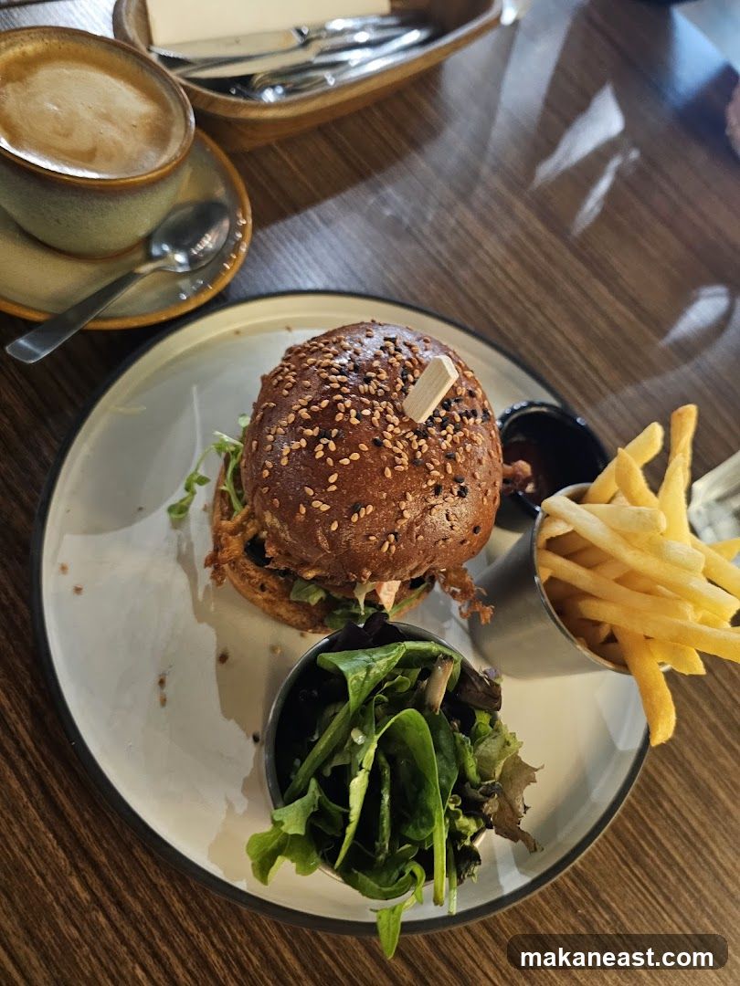 Burger, Fries, Salad, and Coffee