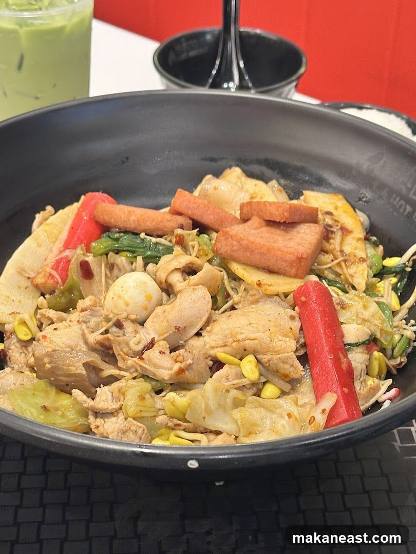 Spicy Noodle Dish with Spam and Green Drink