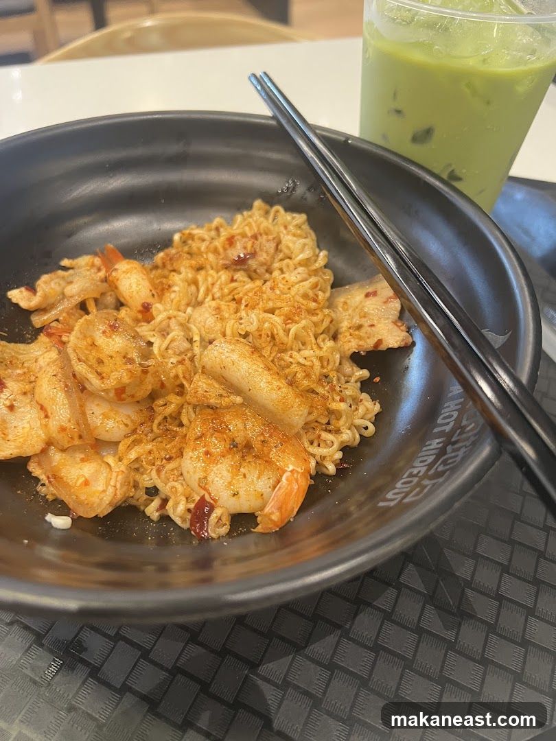 Spicy Noodles with Shrimp and a Green Drink