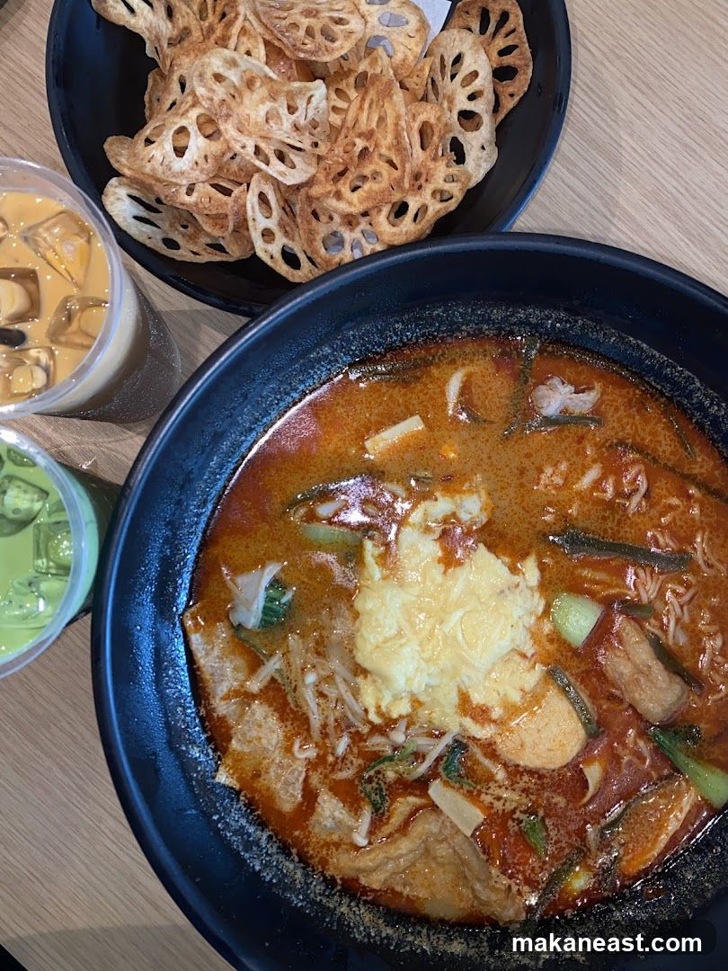 Spicy Noodle Soup with Lotus Root Chips and Drinks