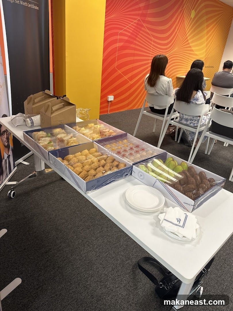 Catering spread with pastries and sandwiches