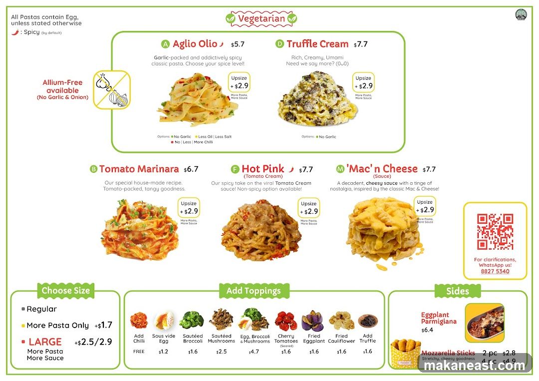 A menu featuring various pasta dishes, toppings, and sides. All pastas contain egg unless stated otherwise. Vegetarian options are available.