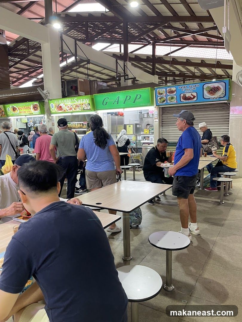 Food court with various stalls and diners