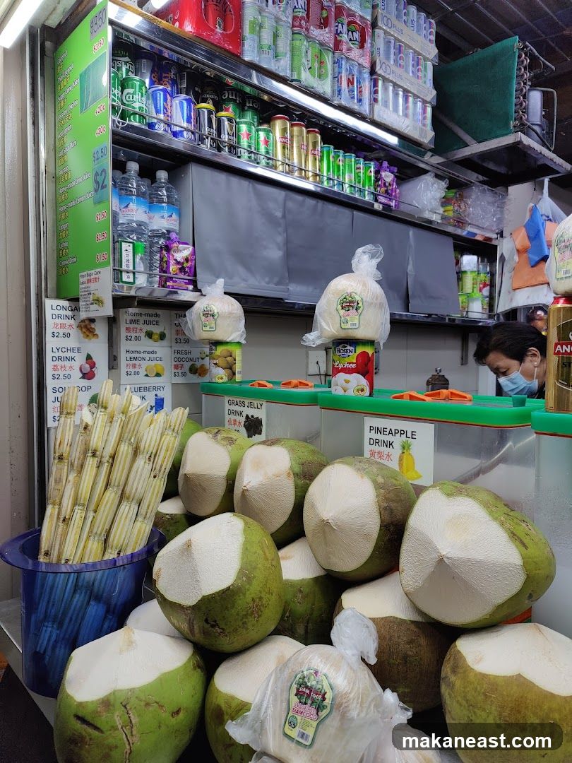 Beverage Stand with Coconuts and Drinks