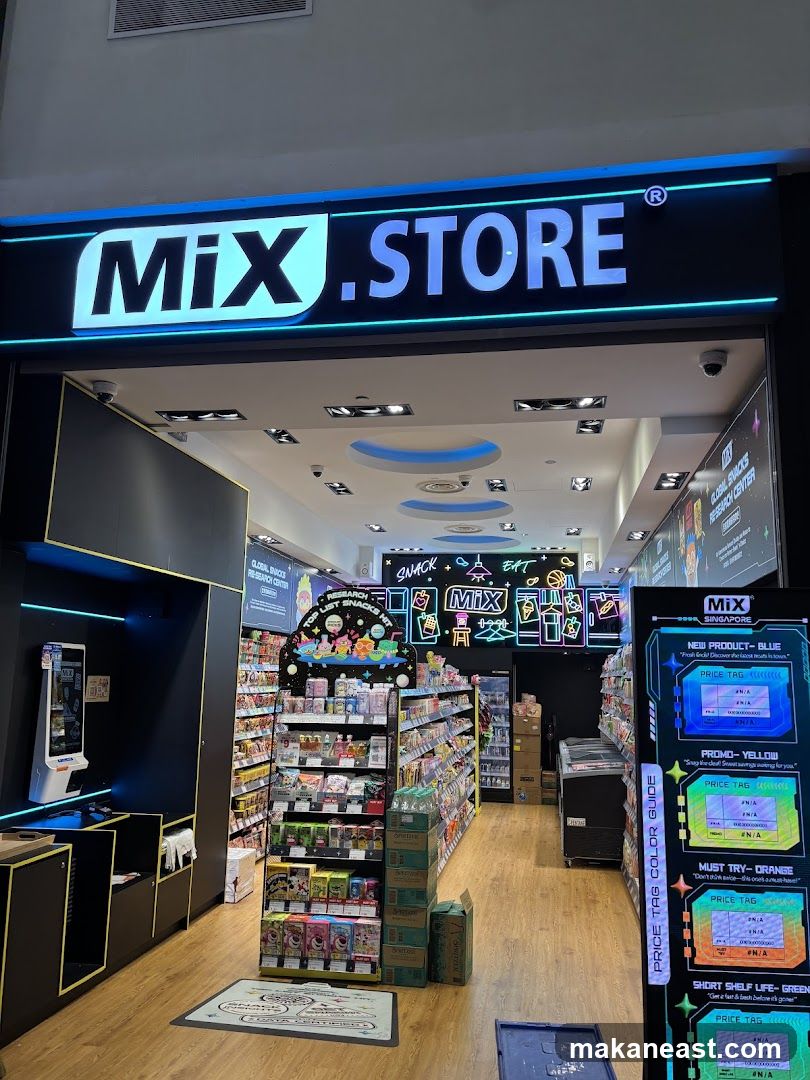 The exterior of a store called Mix.Store, with its prominent signage above the entrance. Inside, shelves are stocked with various snacks and products. A digital display on the right shows a price tag color guide.