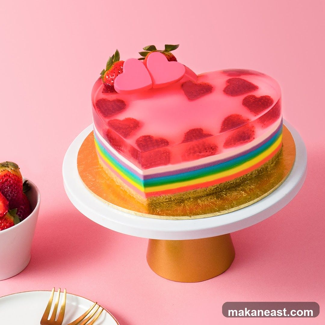 Heart-shaped rainbow jelly cake with strawberries