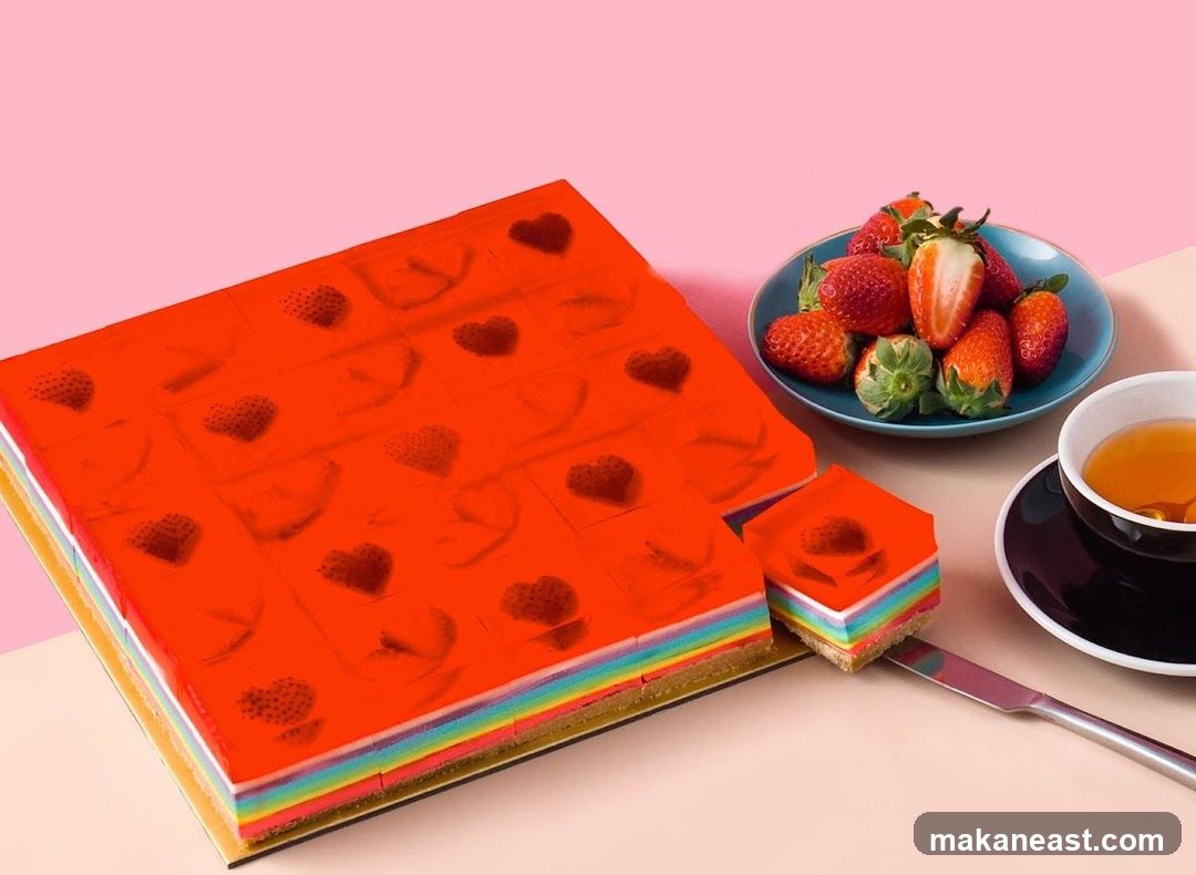 Rainbow Jelly Cake with Strawberries and Tea