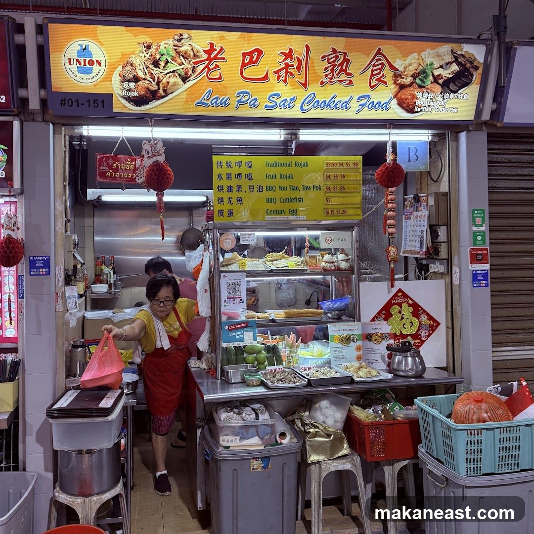 A food stall with a yellow awning displaying the name "Lau Pa Sat Cooked Food" in Chinese and English. Below the awning, a menu board lists various dishes with prices. A woman in a red apron is visible behind the counter, holding a pink plastic bag. The stall is filled with food items displayed in glass cases and on the counter.