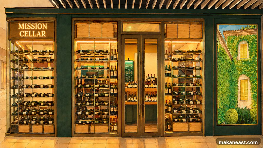 A storefront with a dark green facade and gold trim. The left side features a display of wine bottles on shelves, with the words "MISSION CELLAR" illuminated above. The center has glass double doors, and to the right is a large mural of a building covered in ivy with yellow-shuttered windows. More wine bottles are displayed on shelves flanking the doors.