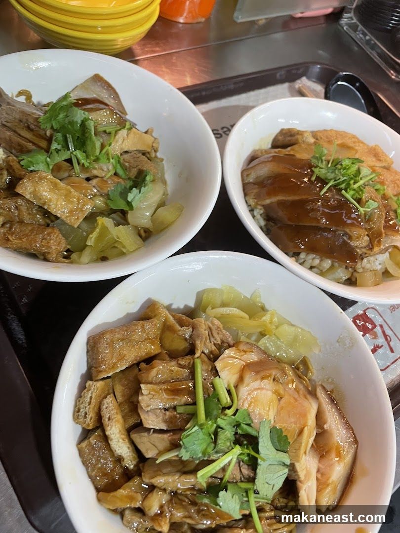 Three bowls of braised meat and rice