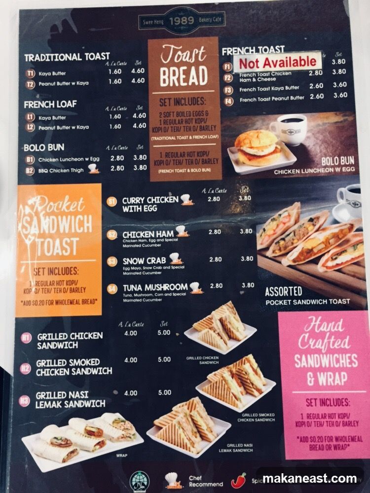 Swee Heng 1989 Bakery Cafe Menu