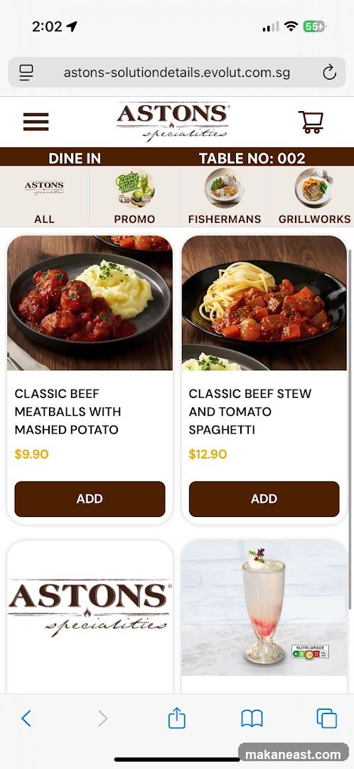 ASTONS Specialities Menu