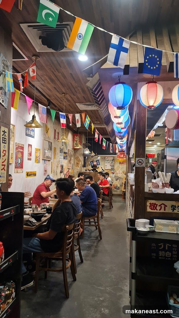 Restaurant Interior with International Flags