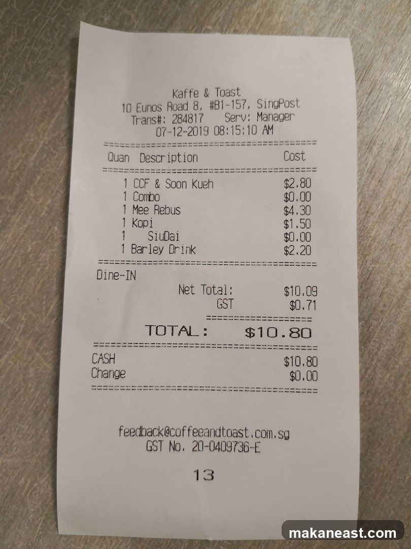 Kaffe & Toast Receipt