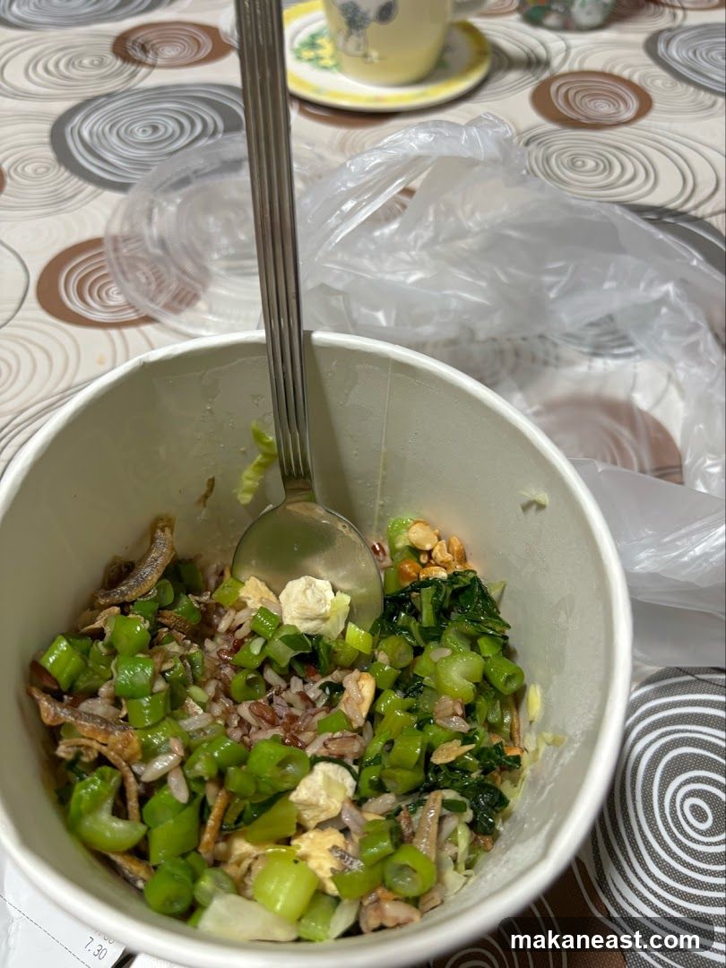 Bowl of food with rice and vegetables