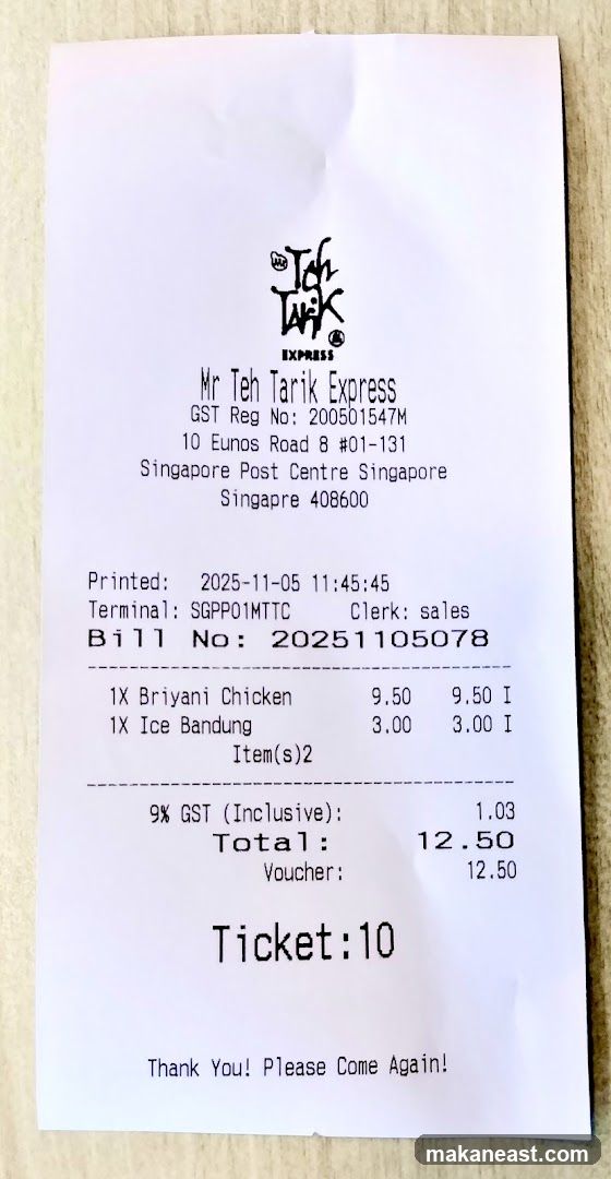 Receipt from Mr Teh Tarik Express