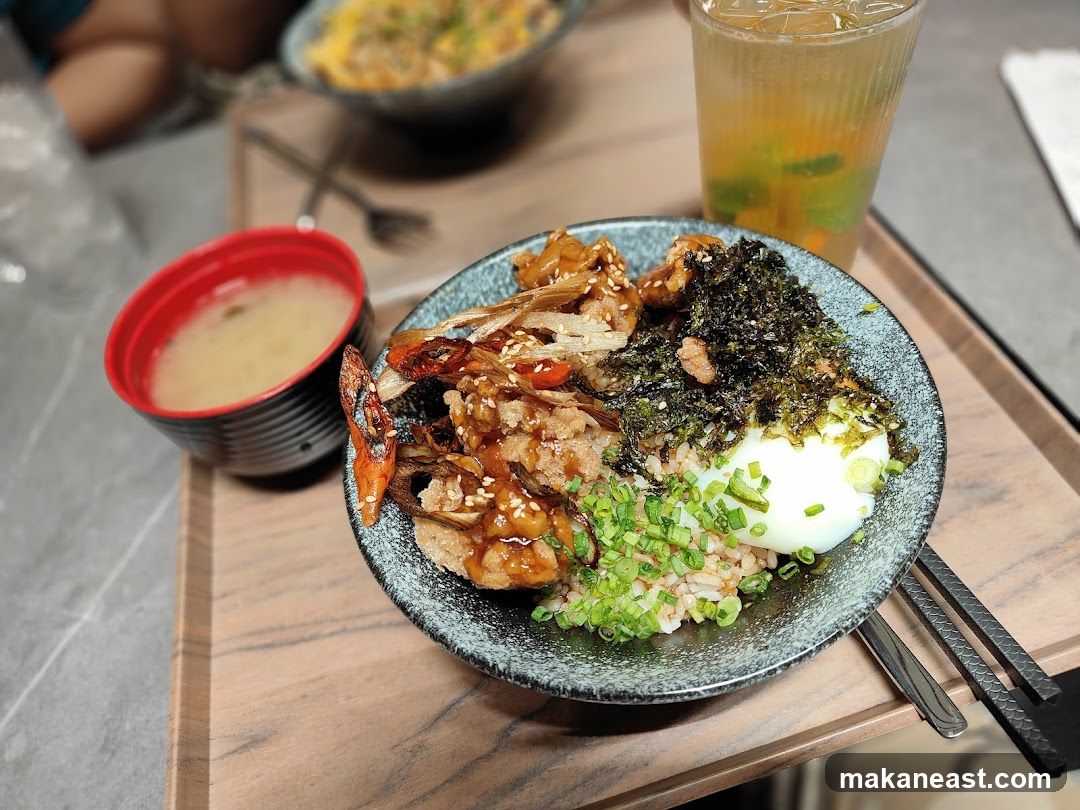 Rice bowl with toppings and miso soup
