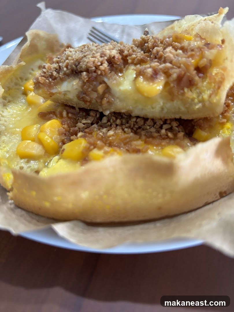 Close-up of a sweet crepe with corn and nuts