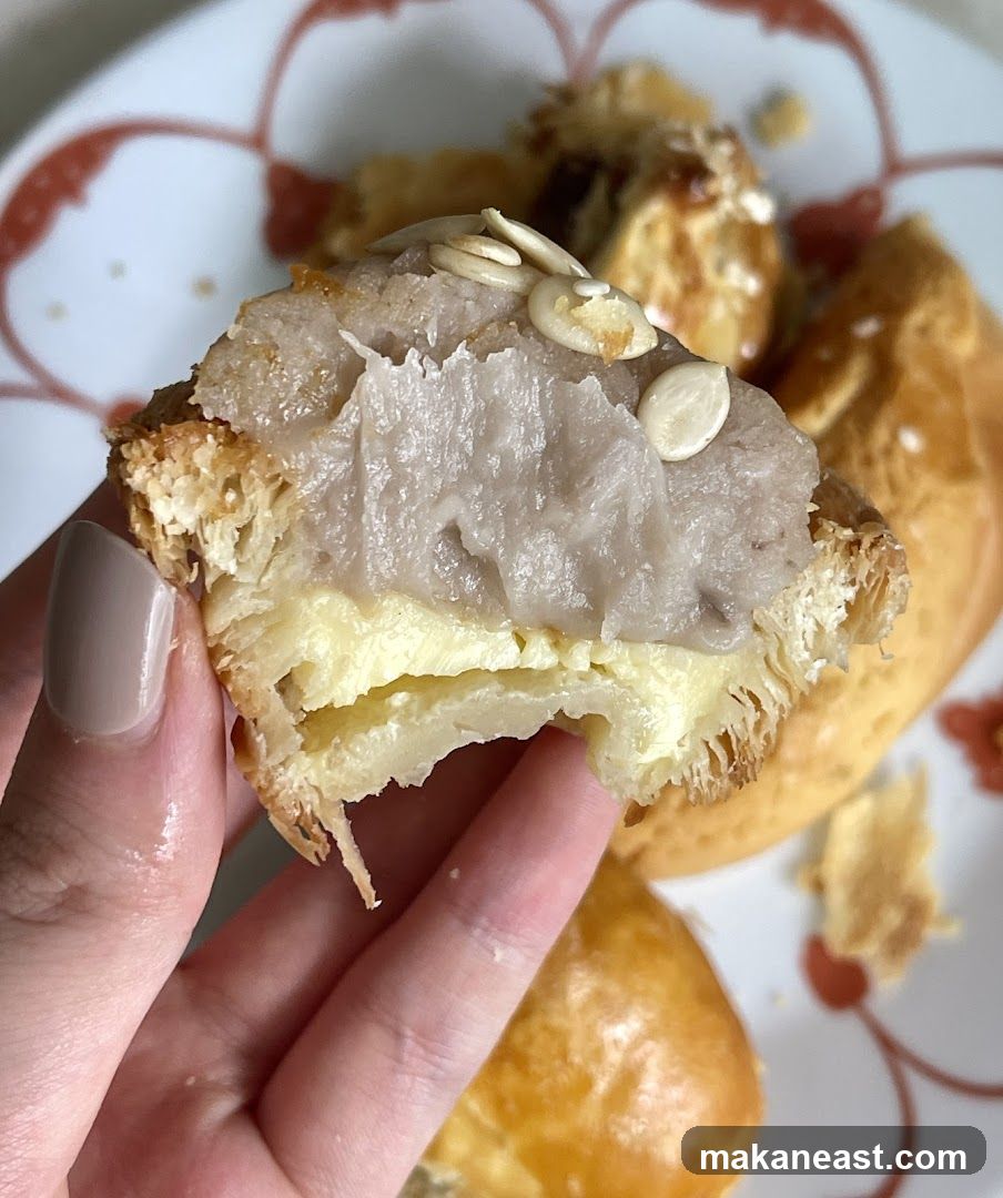 Close-up of a pastry with taro filling