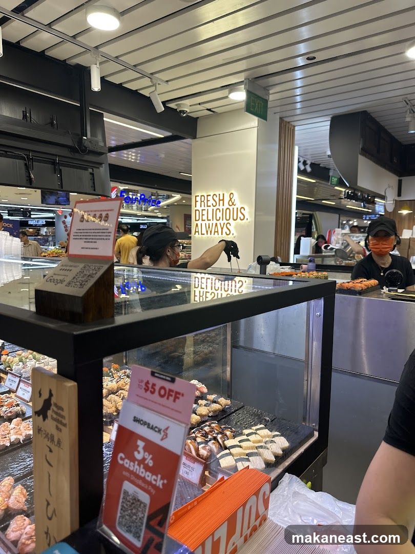 Sushi display with promotional signs