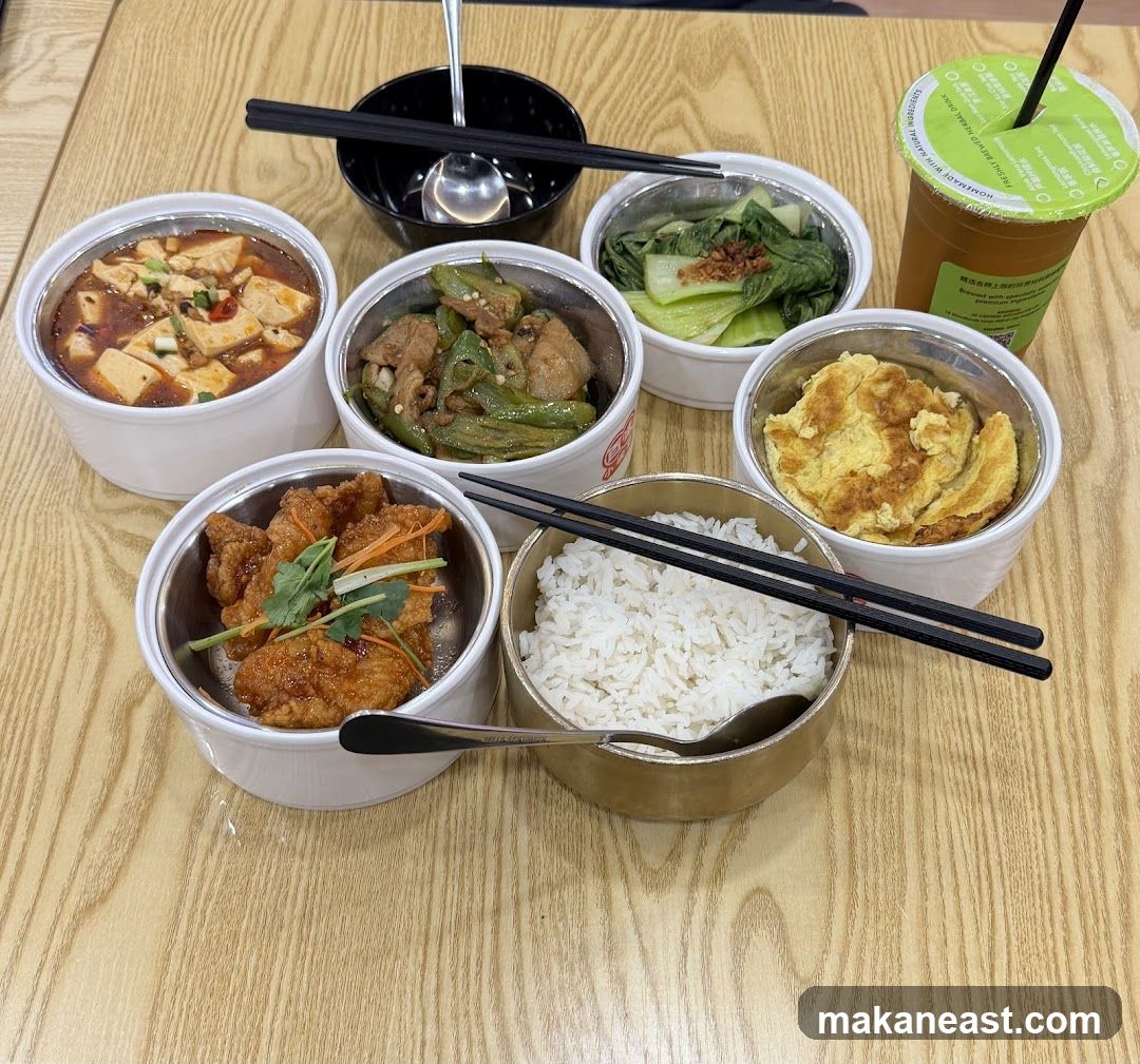 Meal with Rice and Drinks