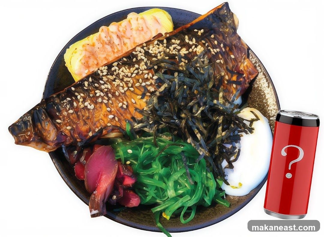 Mackerel Rice Bowl with Side Dish and Drink