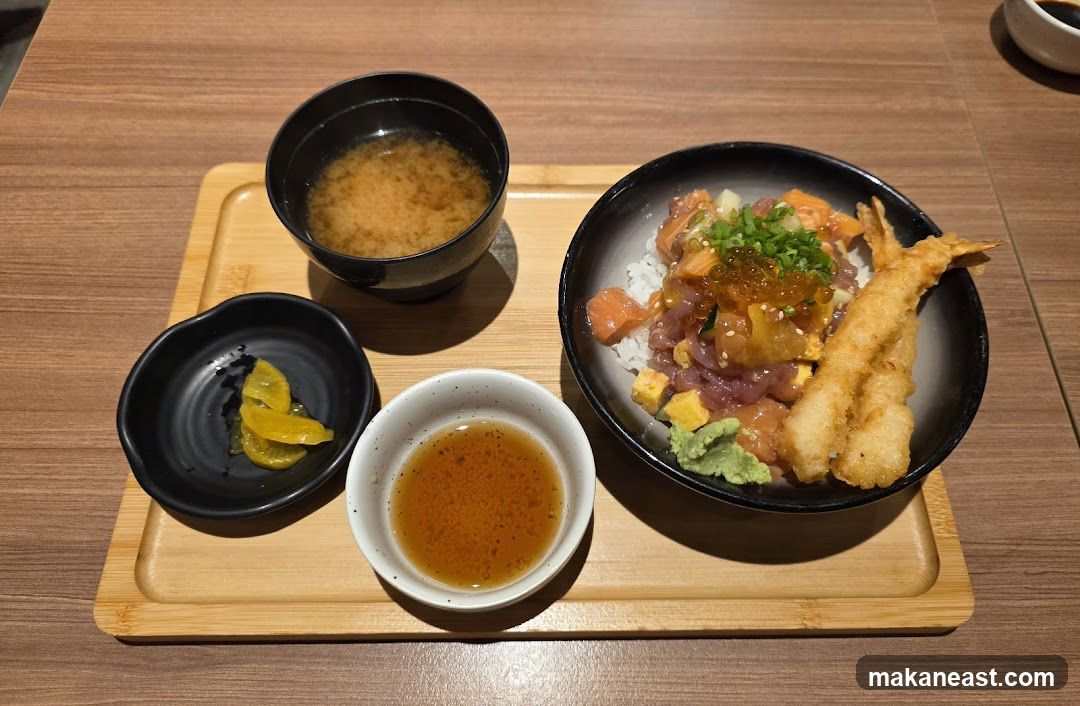 Chirashi Bowl with Miso Soup and Pickles