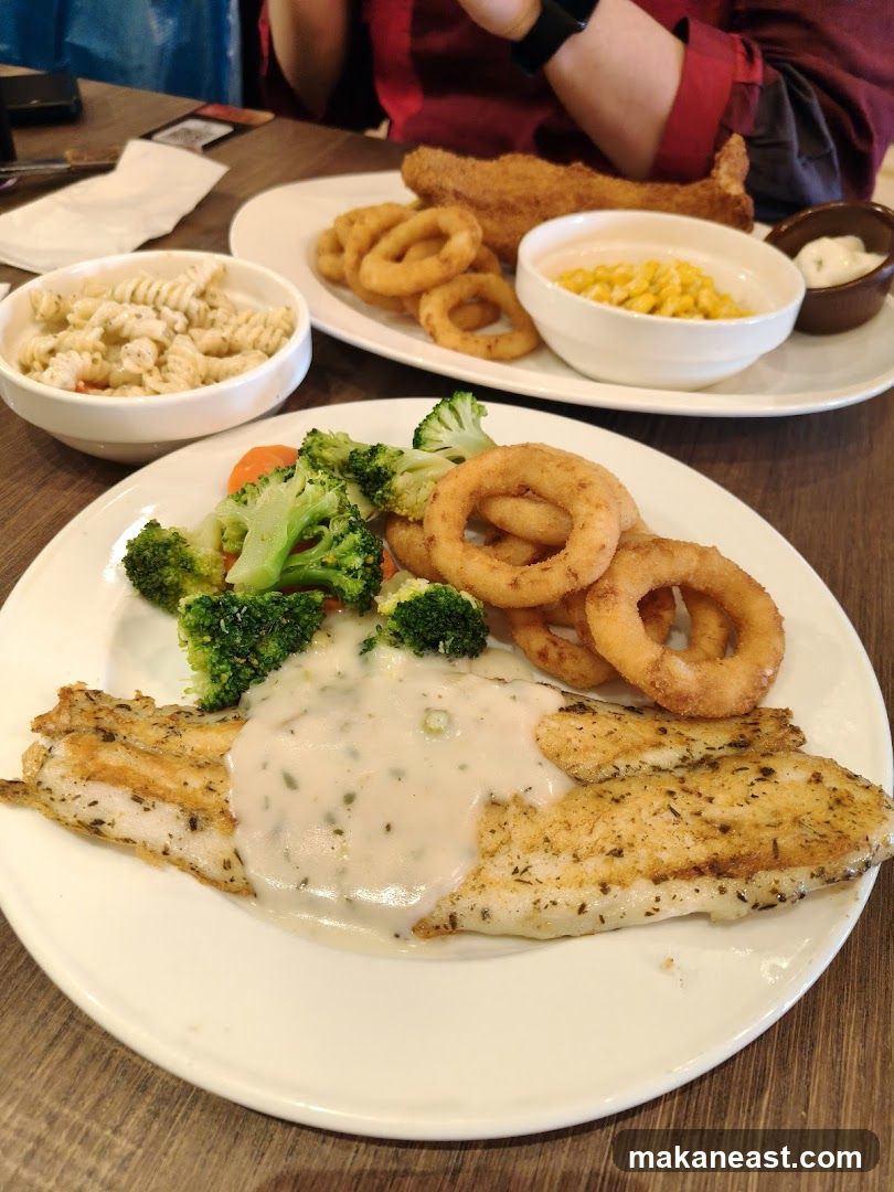Fish and Chips with Onion Rings and Pasta Salad