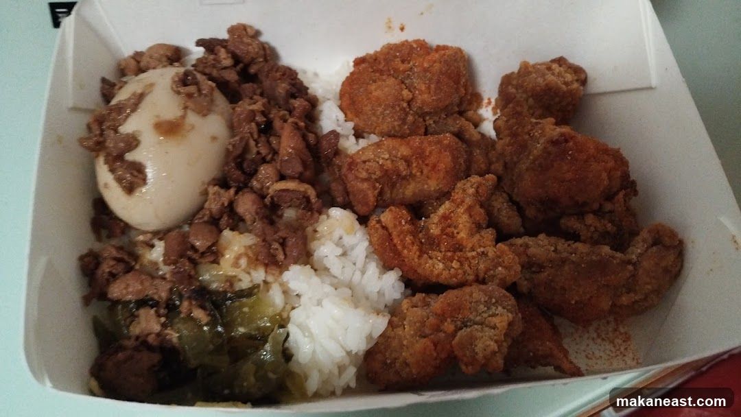 Takeout Box with Rice, Braised Egg, and Fried Chicken