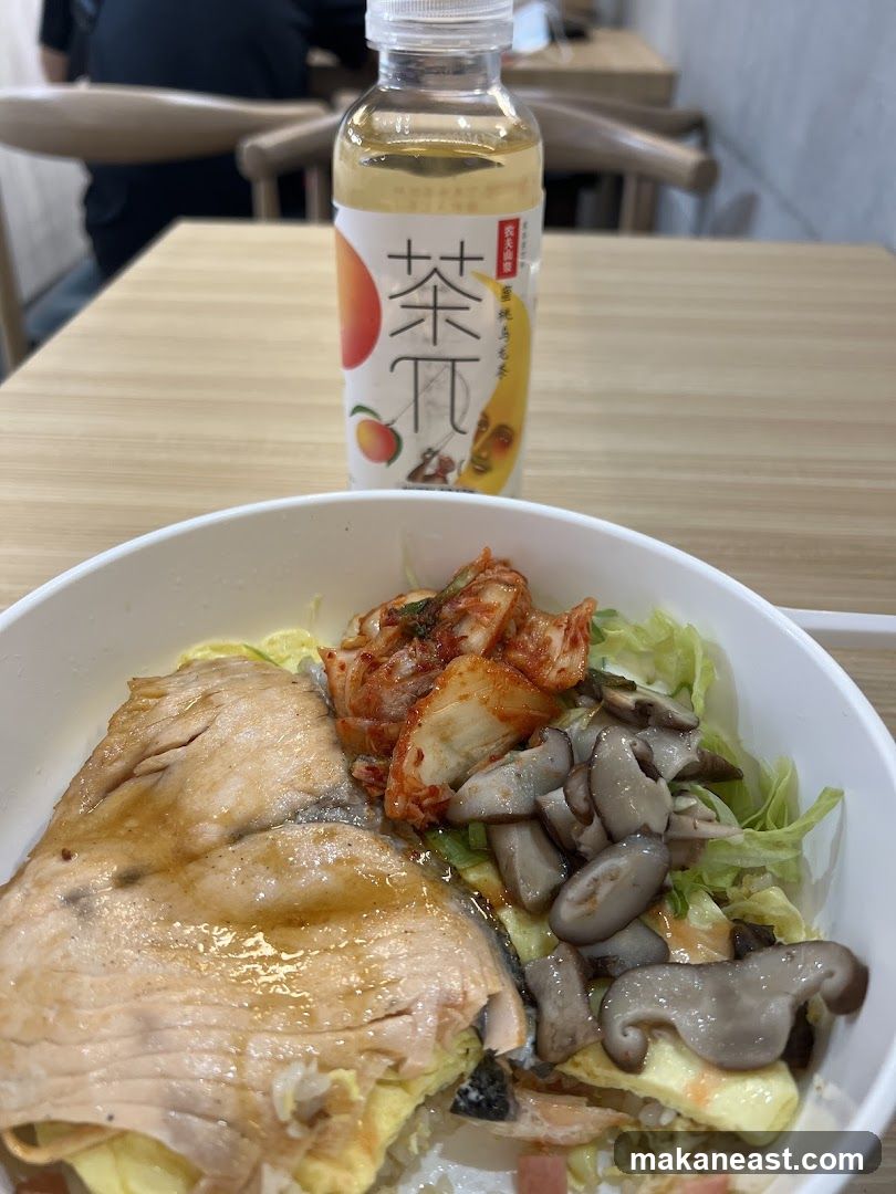 Salmon Rice Bowl with Kimchi and Mushrooms