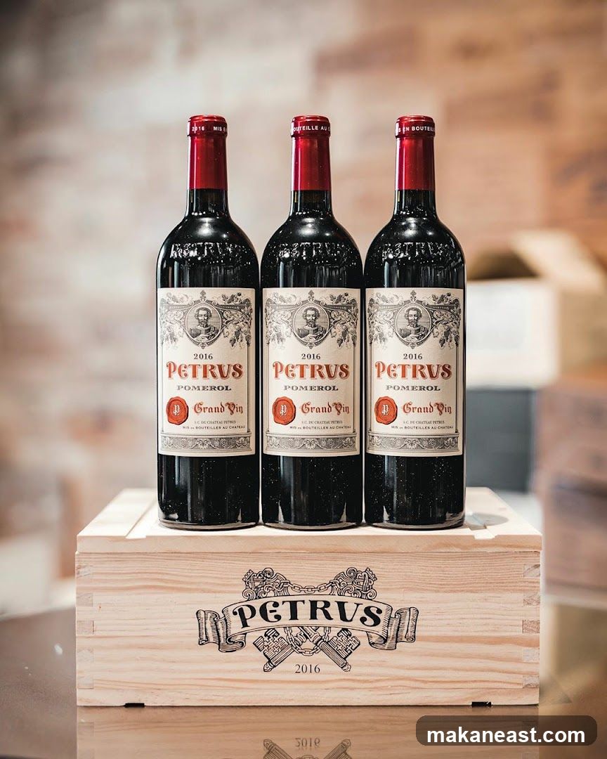 Three bottles of Petrus wine on a wooden crate