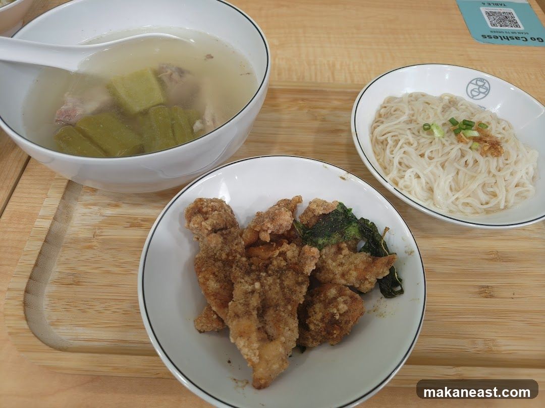 Meal with Soup, Noodles, and Fried Chicken