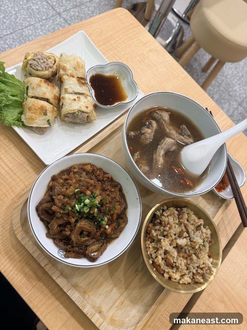Meal with Soup, Rice, and Rolls