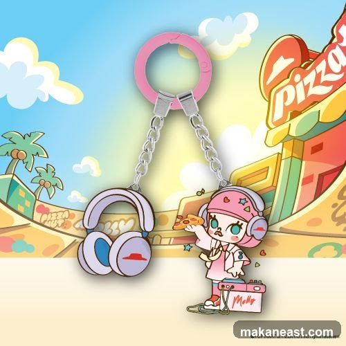 Molly Keychain with Headphones and Pizza
