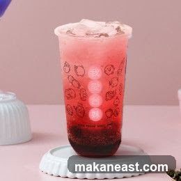 Red beverage with cartoon characters