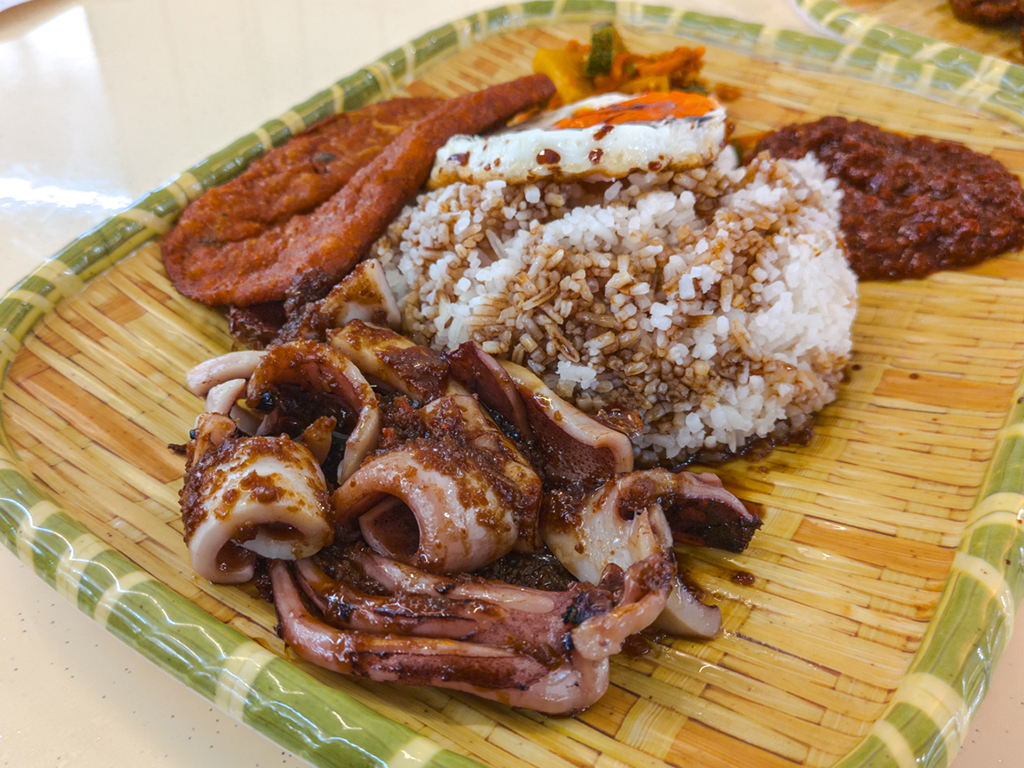 Grilled squid nasi lemak at Gepuk Guys Jofa Coffeeshop Bedok North