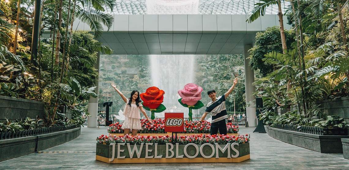 LEGO Botanicals installation at Jewel Changi with brick-built flowers around the Rain Vortex